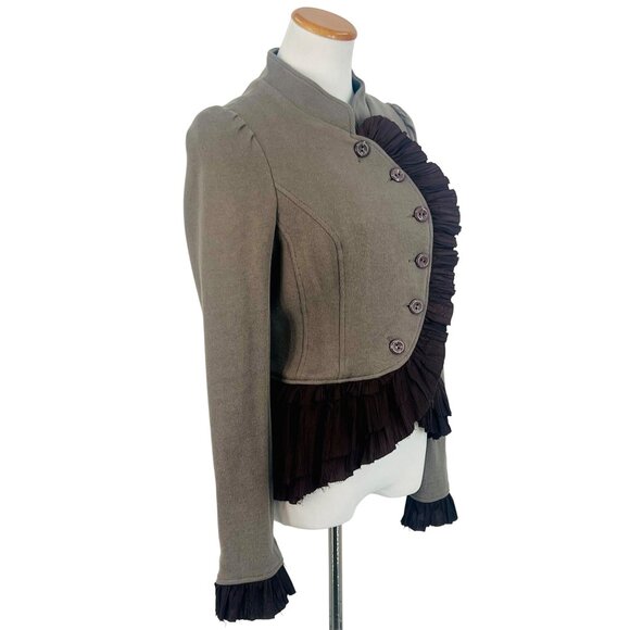 Y2K Free People Olive Green Brown Ruffle Military Jacket Steampunk Boho Academia - Picture 7 of 16